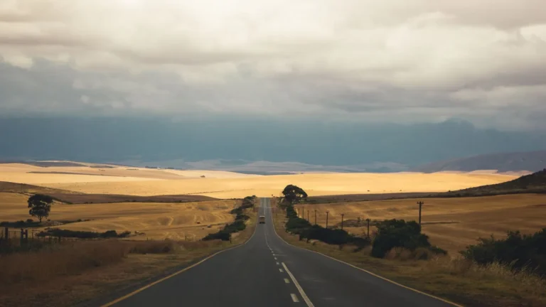 Güney Afrika kırsalında dalgalı araziden geçen iki şeritli yol