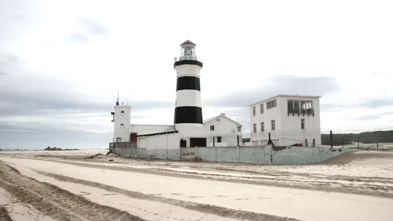 Gqeberha'da Cape Recife Deniz Feneri ve kumlu kıyı